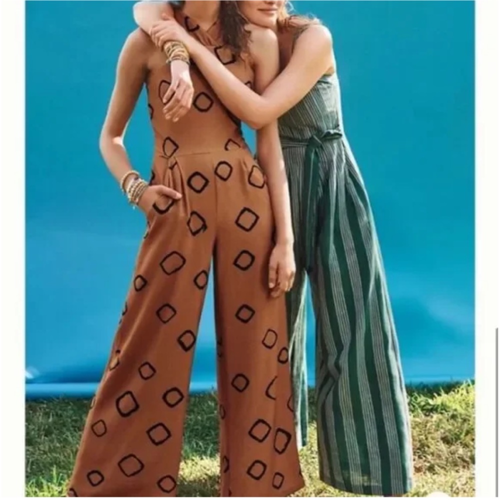 Anthropologie Rust Orange Geometric Twist-Halter Jumpsuit - Picture 2 of 8